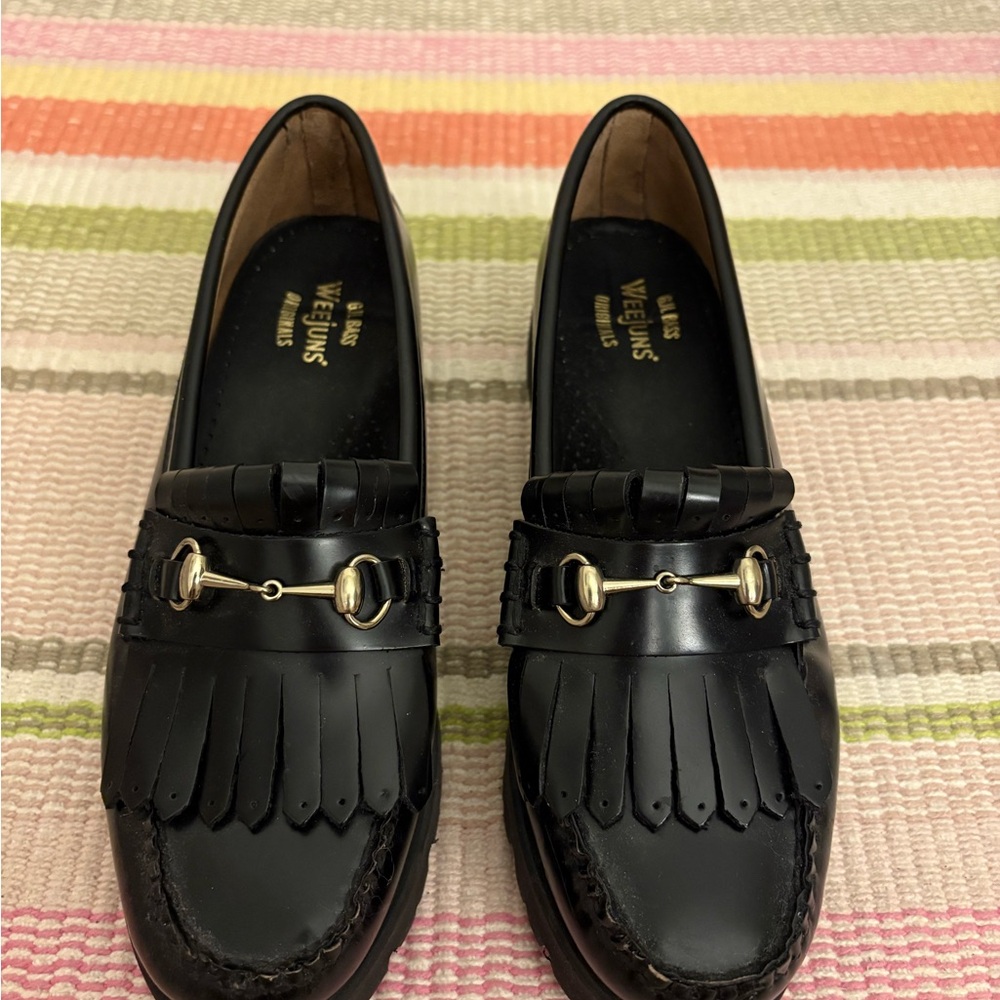 Black Leather Loafers with Fringe and Horse Bit Detail